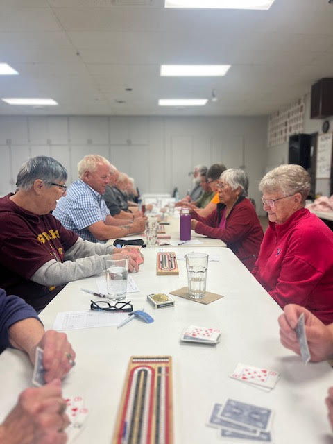 Volunteers gathered around a table playing crib.
